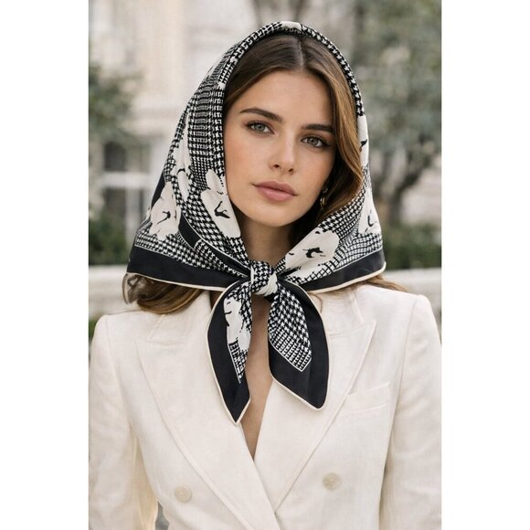 ECHO Accessories - Echo Club 7 100% Silk Scarf Black White Floral Plaid Square 27” Vintage Designer